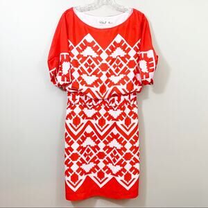 Eliza J Aztec Short Sleeve Orange/White Knee Length Dress